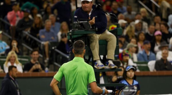 March 11, 2024 Novak Djokovic of Serbia talks to the umpire against Luca Nardi of Italy during the BNP Paribas Open in Indian Wells, CA. Charles Baus/CSM,Image: 856075038, License: Rights-managed, Restrictions: , Model Release: no, Credit line: Charles Baus / Zuma Press / Profimedia