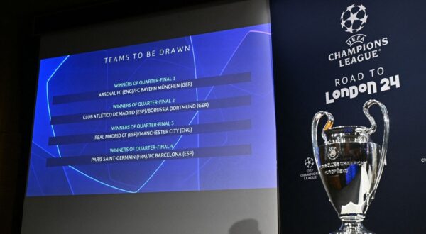 The results are displayed near the trophy after the 2023-2024 UEFA Champions League football tournament quarter-finals and semi-finals draw at the House of European Football in Nyon, on March 15, 2024.,Image: 857069912, License: Rights-managed, Restrictions: , Model Release: no, Credit line: Fabrice COFFRINI / AFP / Profimedia