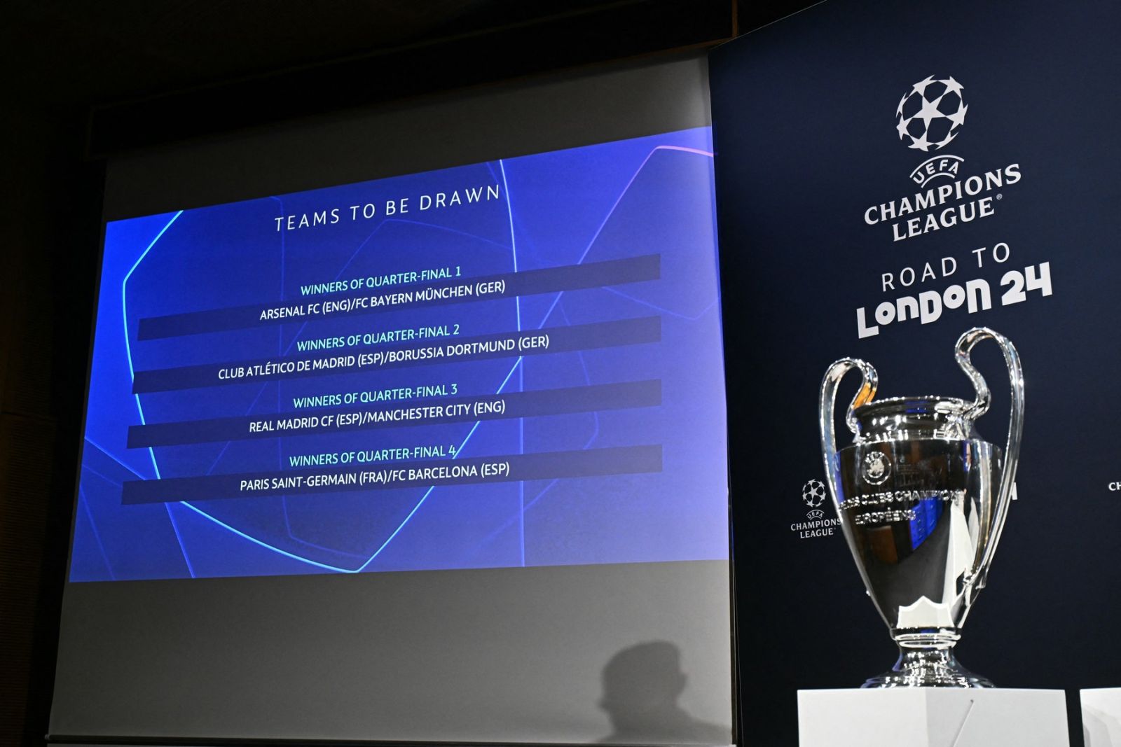 The results are displayed near the trophy after the 2023-2024 UEFA Champions League football tournament quarter-finals and semi-finals draw at the House of European Football in Nyon, on March 15, 2024.,Image: 857069912, License: Rights-managed, Restrictions: , Model Release: no, Credit line: Fabrice COFFRINI / AFP / Profimedia