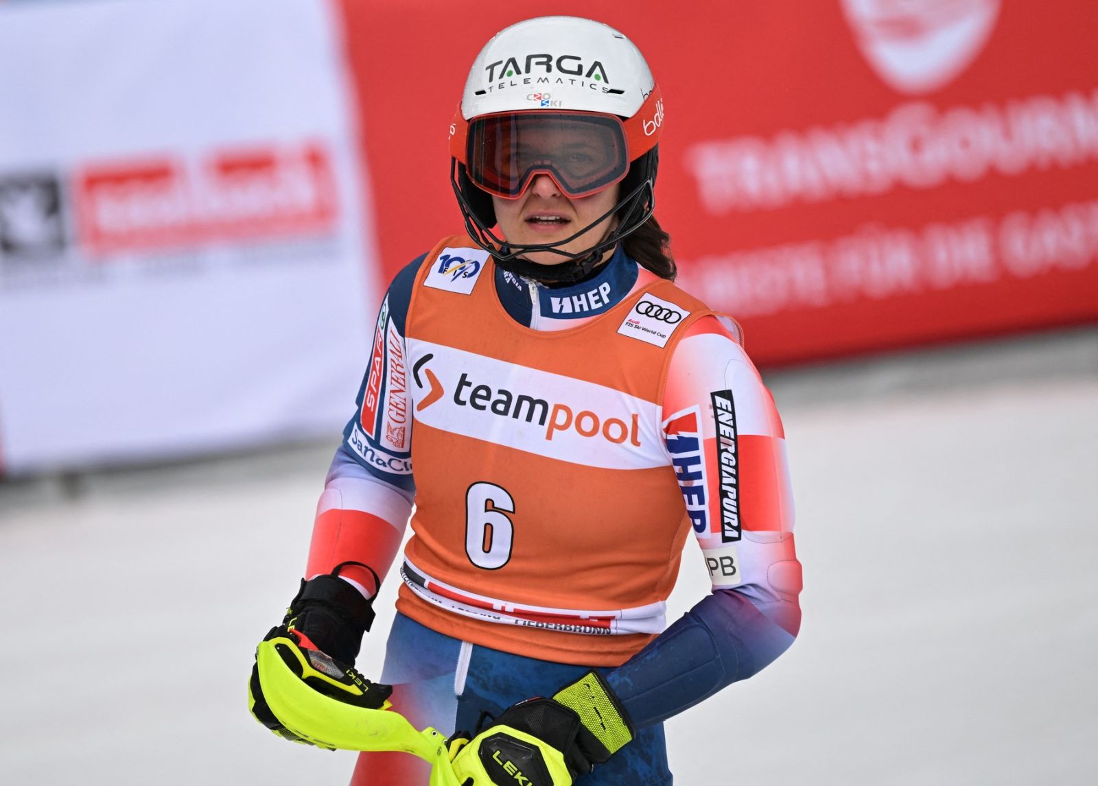Croatia's Zrinka Ljutic reacts after competing in the women's Slalom event of FIS Ski Alpine World Cup in Saalbach, Austria on March 16, 2024.,Image: 857316340, License: Rights-managed, Restrictions: , Model Release: no, Credit line: Joe Klamar / AFP / Profimedia