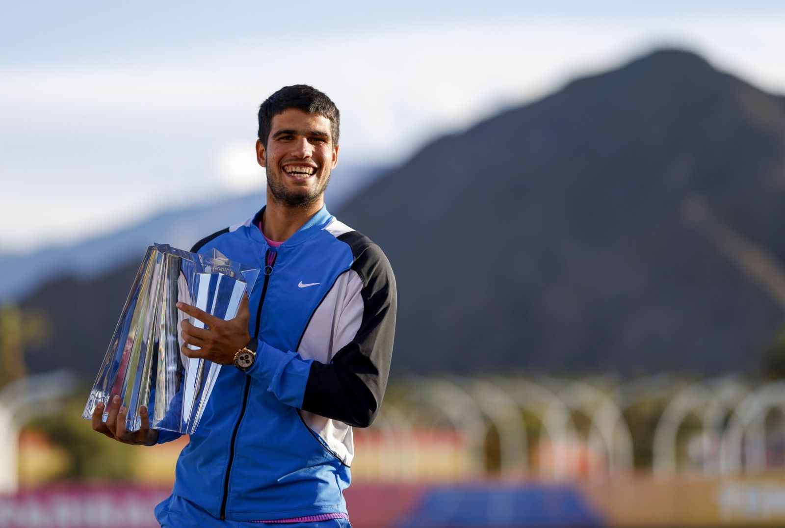 March 17, 2024 Carlos Alcaraz of Spain poses with the winner's trophy after defeating Daniil Medvedev in the Men's Final during the BNP Paribas Open at Indian Wells Tennis Garden in Indian Wells, CA. Charles Baus/CSM,Image: 857674904, License: Rights-managed, Restrictions: , Model Release: no, Credit line: Charles Baus / Zuma Press / Profimedia
