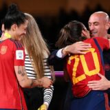 (FILES) Spain's defender #20 Rocio Galvez is congratulated by President of the Royal Spanish Football Federation Luis Rubiales (R) next to Spain's Jennifer Hermoso after winning the Australia and New Zealand 2023 Women's World Cup final football match between Spain and England at Stadium Australia in Sydney on August 20, 2023. Spain prosecutors want Rubiales jailed for 2.5 years for World Cup kiss, AFP reports on March 27, 2024.,Image: 860047669, License: Rights-managed, Restrictions: , Model Release: no, Credit line: FRANCK FIFE / AFP / Profimedia