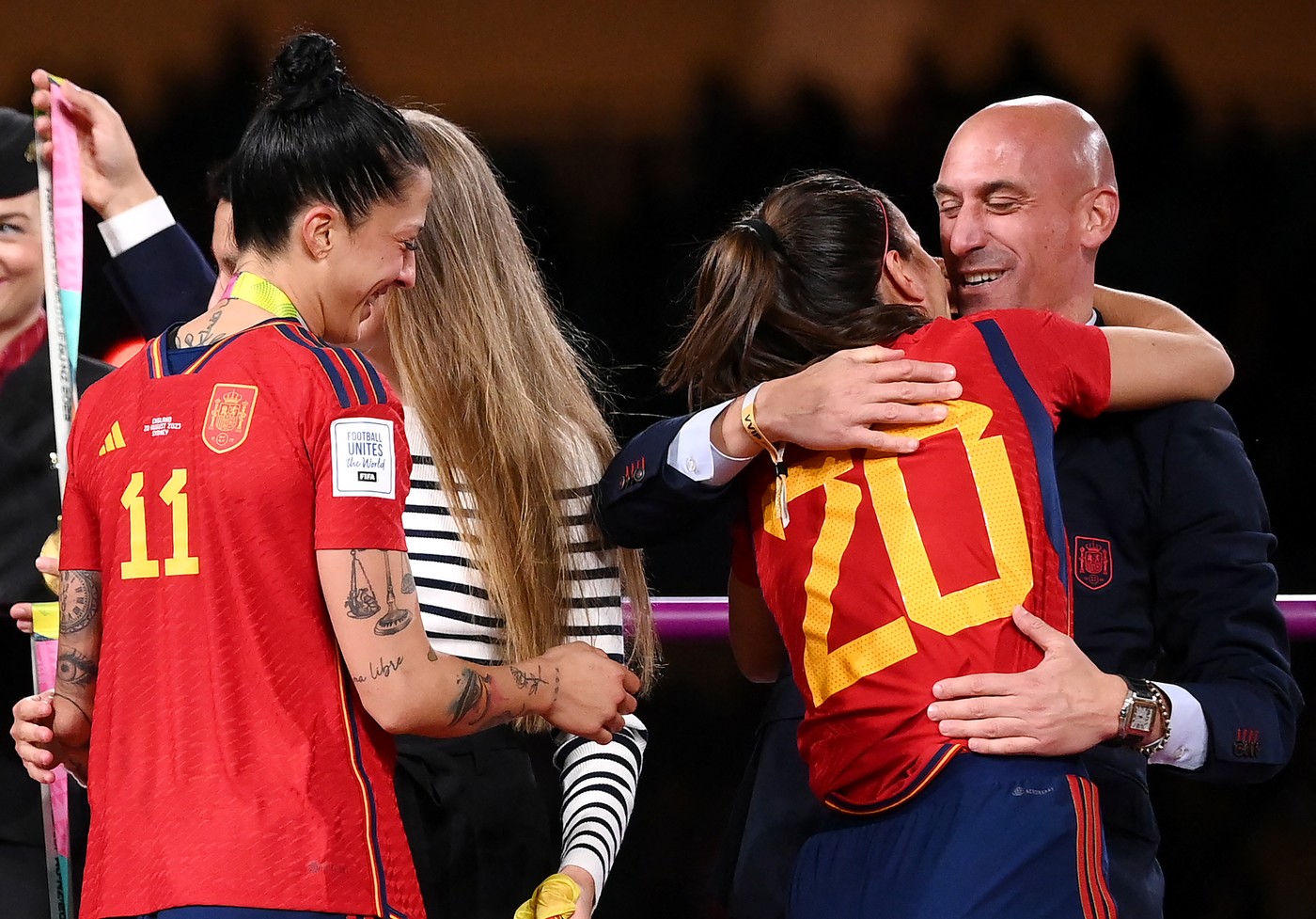 (FILES) Spain's defender #20 Rocio Galvez is congratulated by President of the Royal Spanish Football Federation Luis Rubiales (R) next to Spain's Jennifer Hermoso after winning the Australia and New Zealand 2023 Women's World Cup final football match between Spain and England at Stadium Australia in Sydney on August 20, 2023. Spain prosecutors want Rubiales jailed for 2.5 years for World Cup kiss, AFP reports on March 27, 2024.,Image: 860047669, License: Rights-managed, Restrictions: , Model Release: no, Credit line: FRANCK FIFE / AFP / Profimedia
