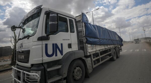 epa11207281 Trucks carrying aid to Gaza residents cross from Rafah border to Deir Al Balah town, southern Gaza Strip, 08 March 2024. Since 07 October 2023, up to 1.9 million people, or more than 85 percent of the population, have been displaced throughout the Gaza Strip, some more than once, according to the United Nations Relief and Works Agency for Palestine Refugees in the Near East (UNRWA), which added that most civilians in Gaza are in 'desperate need of humanitarian assistance and protection'. The international community is combining efforts to increase humanitarian assistance to the residents of Gaza affected by the ongoing conflict.  EPA/MOHAMMED SABER