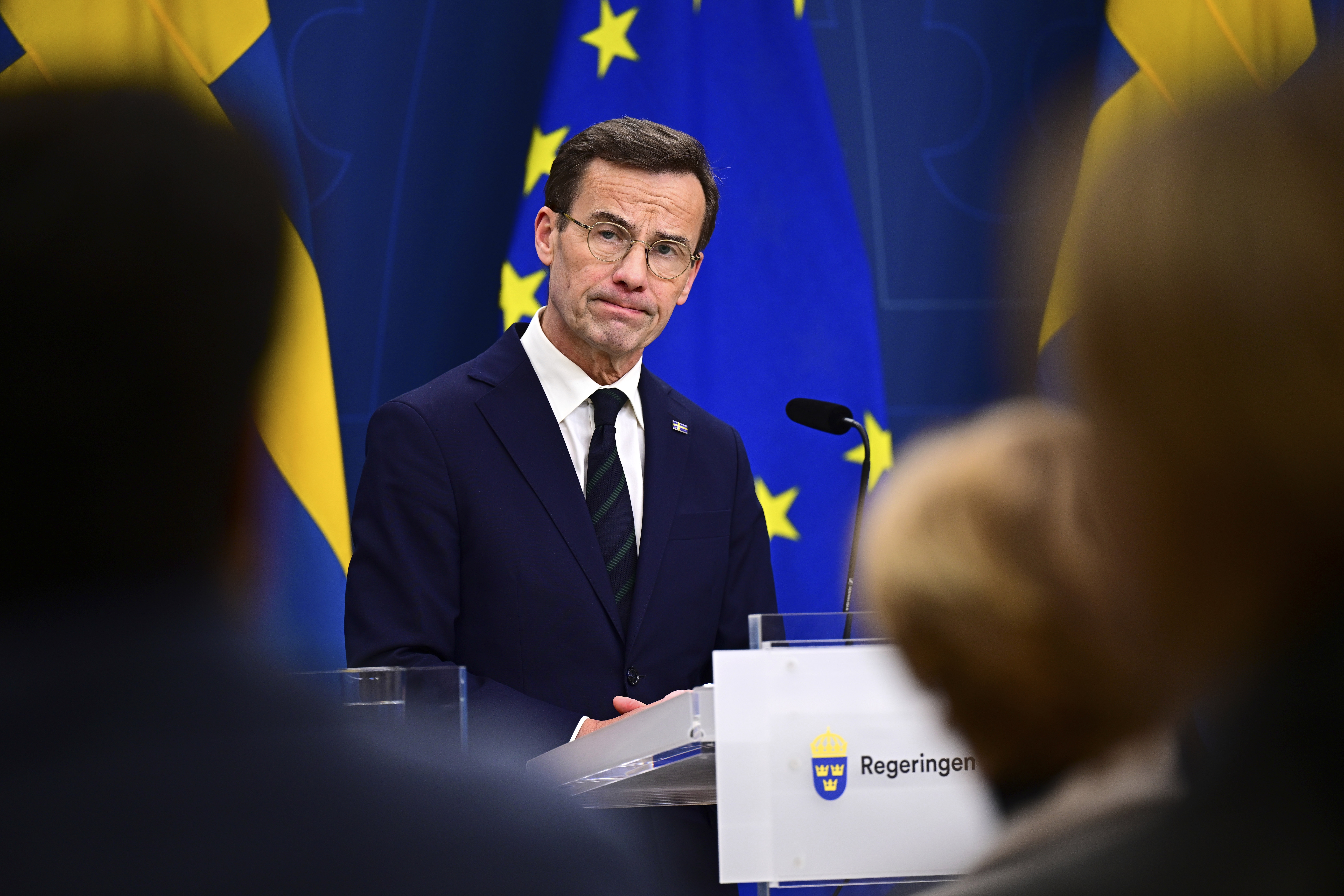 Sweden's Prime Minister Ulf Kristersson holds a press conference at the government headquarters after Hungary's parliament voted yes to ratify Sweden's NATO accession, in Stockholm, Sweden, on Monday Feb. 26, 2024. (Magnus Lejhall/TT News Agency via AP)