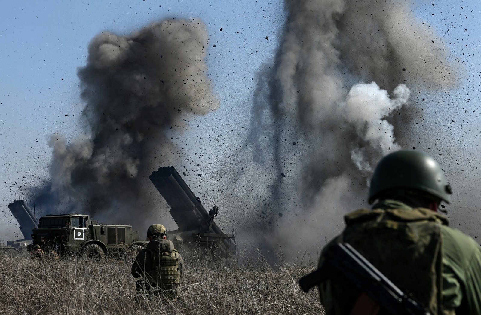 8637485 08.03.2024 Russian servicemen of the artillery brigade division of the Centre group of forces fire BM-27 9K57 Uragan (Hurricane) multiple launch rocket systems towards positions of the Ukrainian Armed Forces in the Avdiivka sector of the front line amid Russia's military operation in Ukraine, Russia.,Image: 855006914, License: Rights-managed, Restrictions: Editors' note: THIS IMAGE IS PROVIDED BY RUSSIAN STATE-OWNED AGENCY SPUTNIK., Model Release: no, Credit line: Stanislav Krasilnikov / Sputnik / Profimedia