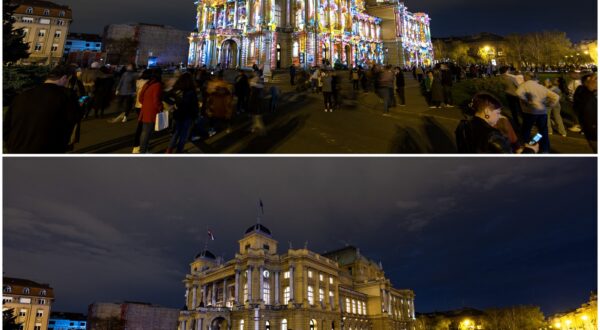 Zagreb, 23.03.2024 - Kombo fotografija prikazuje zgradu Hrvatskog narodnog kazališta osvijetljenu tijekom Festivala Svijetla 2024 (gore) i nakon što su svijetla ugašena (dolje) povodom Sata za planet Zemlju. Sat za planet Zemlju globalni je događaj koji organizira Svjetska organizacija za zaštitu prirode (WWF), a održava se posljednju subotu u ožujku svake godine, pozivajući domaćinstva i tvrtke na gašenje njihovih svjetala i ostalih električnih uređaja na jedan sat radi podizanja svijesti o potrebi poduzimanja akcije oko klimatskih promjena.
foto HINA/ Damir SENČAR/ ds
