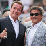 Arnold Schwarzenegger, left, and Sylvester Stallone arrives at the LA Premiere of "Terminator Genisys" at the Dolby Theatre on Sunday, June 28, 2015, in Los Angeles. (Photo by Rich Fury/Invision/AP)
