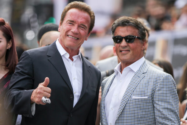 Arnold Schwarzenegger, left, and Sylvester Stallone arrives at the LA Premiere of 