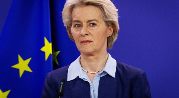 epa11231310 European Commission President Ursula von der Leyen speaks to the press as she receives Ukrainian Prime Minister Denys Shmyhal (not pictured) at the European Commission headquarters in Brussels, Belgium, 20 March 2024.  EPA/OLIVIER MATTHYS