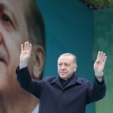 epa11239017 Turkish President Recep Tayyip Erdogan gestures as he attends an AK Party election campaign rally in Ankara, Turkey, 23 March 2024. The local elections in Turkey are scheduled for 31 March 2024.  EPA/NECATI SAVAS