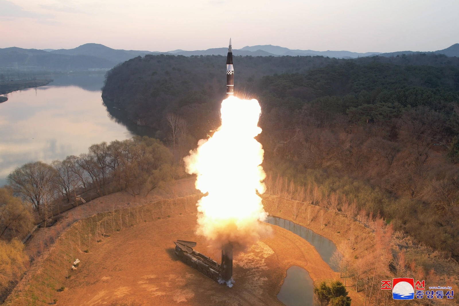 epaselect epa11256404 A photo released by the official North Korean Central News Agency (KCNA) shows the test-fire of Hwasongpho-16B, a new-type intermediate-range solid-fueled ballistic missile loaded with newly-developed hypersonic gliding warhead at an undisclosed location in North Korea, 02 April 2024 (issued 03 April 2024). According to KCNA, North Korea successfully conducted a test-fire of a new-type intermediate-range solid-fuel ballistic missile under the guidance of North Korean leader Kim Jong Un.  EPA/KCNA   EDITORIAL USE ONLY  EDITORIAL USE ONLY