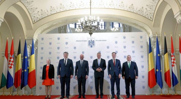 epa11257218 (L-R) European Council Secretary General Therese Blanchet, Croatian Prime Minister Andrej Plenkovic, European Council President Charles Michel, Romanian President Klaus Iohannis, Belgian Prime Minister Alexander De Croo, and Hungarian Prime Minister Viktor Orban pose for a family photo ahead of their meeting at Cotroceni Presidential Palace in Bucharest, Romania, 03 April 2024. Charles Michel is on an official visit to Romania for a working meeting hosted by the Romanian president with the participation of the Belgian Prime Minister Alexander De Croo, Hungarian Prime Minister Viktor Orban and Croatian Prime Minister Andrej Plenkovic regarding the strategic priorities of the European Union.  EPA/ROBERT GHEMENT