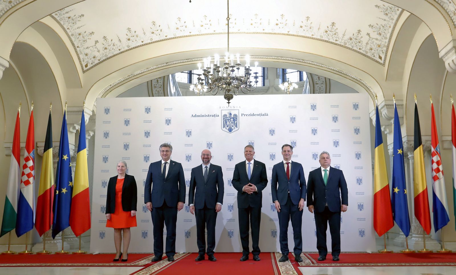 epa11257218 (L-R) European Council Secretary General Therese Blanchet, Croatian Prime Minister Andrej Plenkovic, European Council President Charles Michel, Romanian President Klaus Iohannis, Belgian Prime Minister Alexander De Croo, and Hungarian Prime Minister Viktor Orban pose for a family photo ahead of their meeting at Cotroceni Presidential Palace in Bucharest, Romania, 03 April 2024. Charles Michel is on an official visit to Romania for a working meeting hosted by the Romanian president with the participation of the Belgian Prime Minister Alexander De Croo, Hungarian Prime Minister Viktor Orban and Croatian Prime Minister Andrej Plenkovic regarding the strategic priorities of the European Union.  EPA/ROBERT GHEMENT