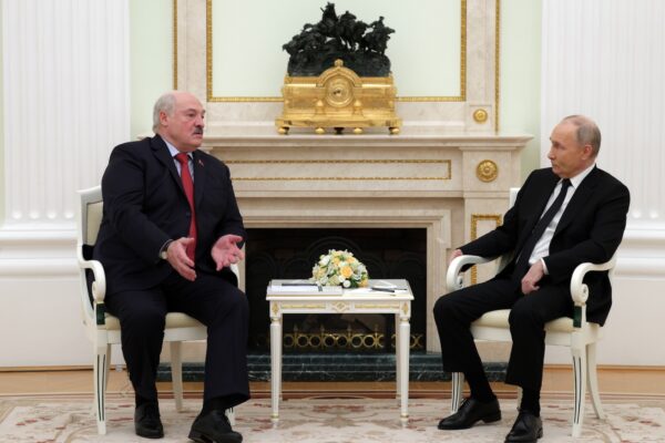 epa11273620 Russian President Vladimir Putin (R) speaks with Belarusian President Alexander Lukashenko during their meeting at the Kremlin in Moscow, Russia, 11 April 2024.  EPA/GAVRIIL GRIGOROV/SPUTNIK/KREMLIN POOL MANDATORY CREDIT