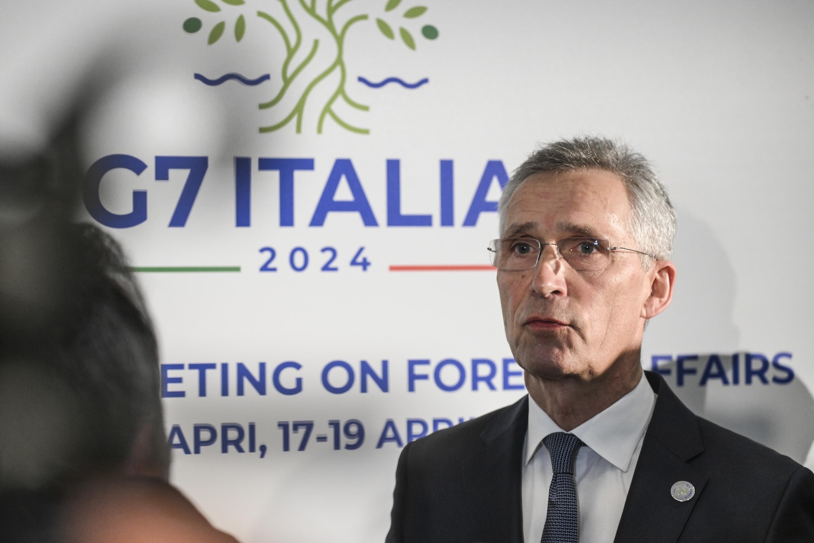 epa11286595 NATO Secretary General Jens Stoltenberg gives a statement to the media in Capri, southern Italy, 18 April 2024, on the second day of the G7 Foreign Ministers meeting. Foreign ministers of the Group of Seven (G7) gathered on the southern Italian island of Capri for a three-day of encounters, from 17 to 19 April, to discuss support for Ukraine and addressing the crisis in the Middle East, among other topics. On 18 April, Stoltenberg participated in the meeting.  EPA/CIRO FUSCO