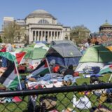 epa11294700 Pro-Palestinian students continue to camp on Columbia University's campus to protest the university's ties with Israel, which escalated last week when the university's president Nemat Shafik testified to congress, in New York, New York, USA, 22 April 2024. Other students across the country have followed suit in solidarity. More than 34,000 Palestinians and over 1,450 Israelis have been killed, according to the Palestinian Health Ministry and the Israel Defense Forces (IDF), since Hamas militants launched an attack against Israel from the Gaza Strip on 07 October 2023, and the Israeli operations in Gaza and the West Bank which followed it.  EPA/SARAH YENESEL