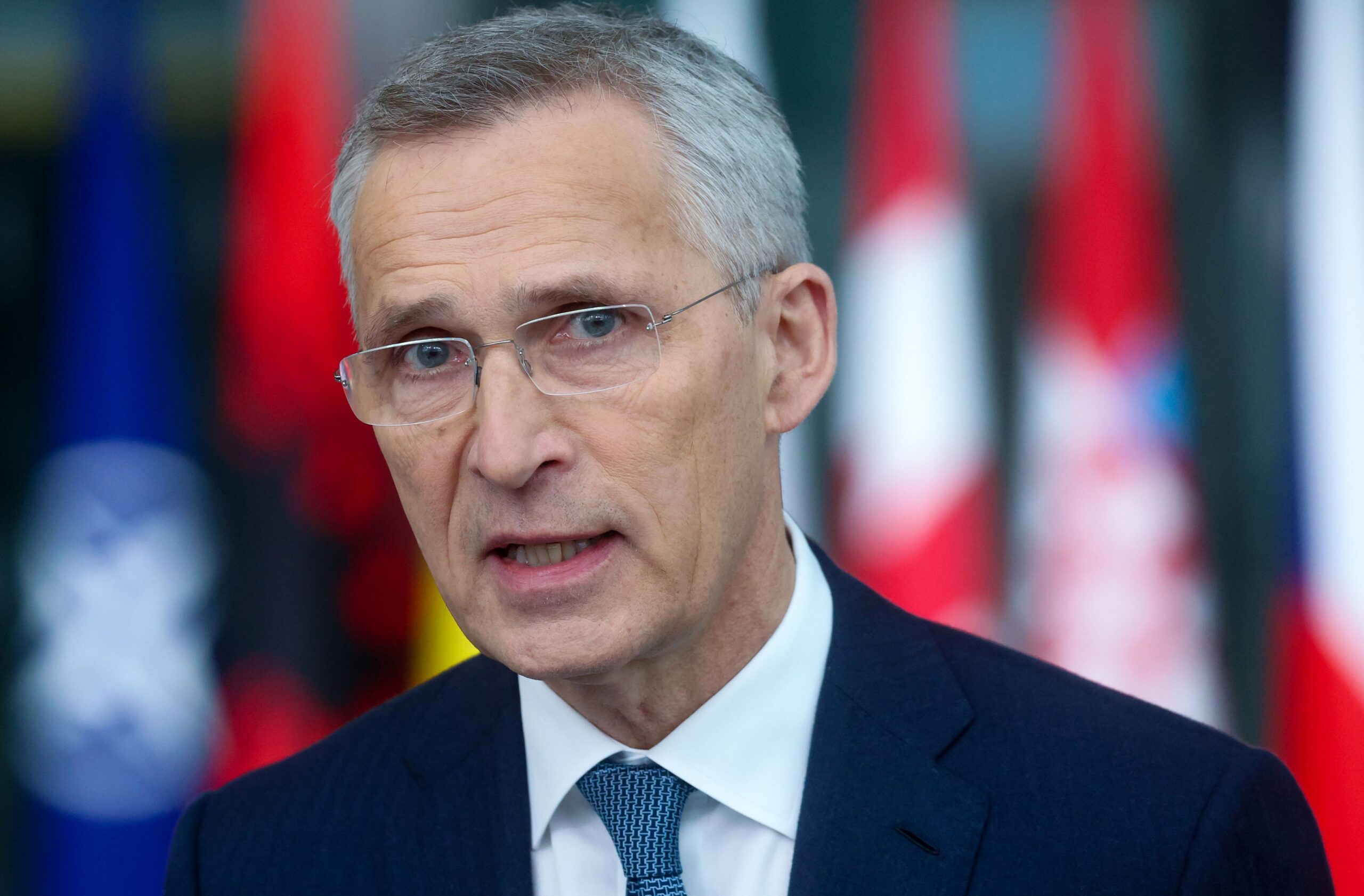 epa11256608 NATO Secretary General Jens Stoltenberg speaks to the media during a North Atlantic Treaty Organization (NATO) Foreign Affairs Ministers meeting in Brussels, Belgium, 03 April 2024. Allied Foreign Affairs Ministers attend a meeting of NATO Ministers of Foreign Affairs at NATO Headquarters in Brussels on 03-04 April as NATO celebrates its 75th anniversary. On 04 April 1949, the 12 founding countries signed the North Atlantic Treaty, called the Washington Treaty. It committed each member to share the risk, responsibilities, and benefits of collective defense.  EPA/OLIVIER HOSLET