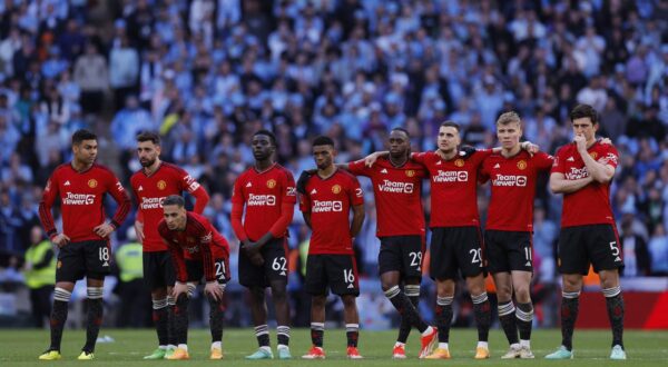 Soccer Football - FA Cup - Semi Final - Coventry City v Manchester United - Wembley Stadium, London, Britain - April 21, 2024  Manchester United players line up during the penalty shootout Action Images via Reuters/Andrew Couldridge Photo: Andrew Couldridge/REUTERS