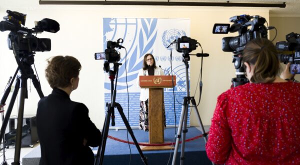epa11260043 Meirav Eilon Shahar, Ambassador of the Permanent Representative Mission of Israel to the UN in Geneva, delivers her remarks about the HCR-55 adoption of Item 2 Resolution regarding the Israeli-Palestinian conflict, during the 55th session of the Human Rights Council at the European headquarters of the United Nations (UNOG) in Geneva, Switzerland, 05 April 2024.  EPA/SALVATORE DI NOLFI
