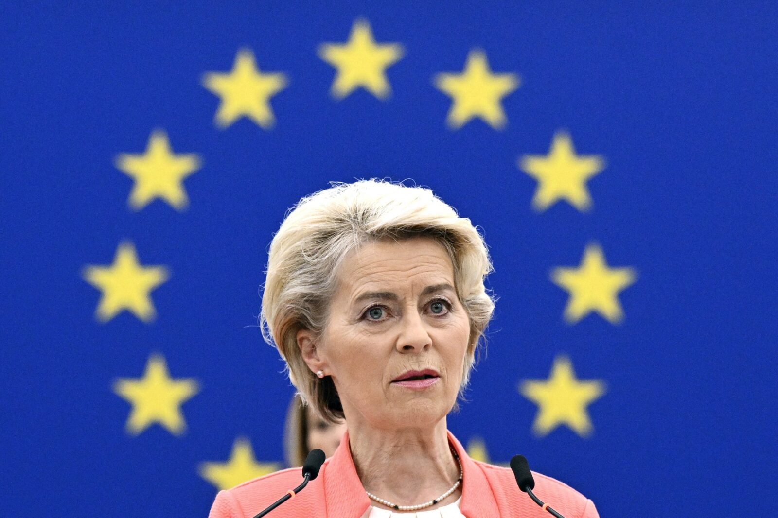 European Commission President Ursula von der Leyen delivers a speech during a debate on the Russian invasion of Ukraine, during a plenary session at the European Parliament in Strasbourg, eastern France, on October 5, 2022.,Image: 728247888, License: Rights-managed, Restrictions: , Model Release: no, Credit line: FREDERICK FLORIN / AFP / Profimedia
