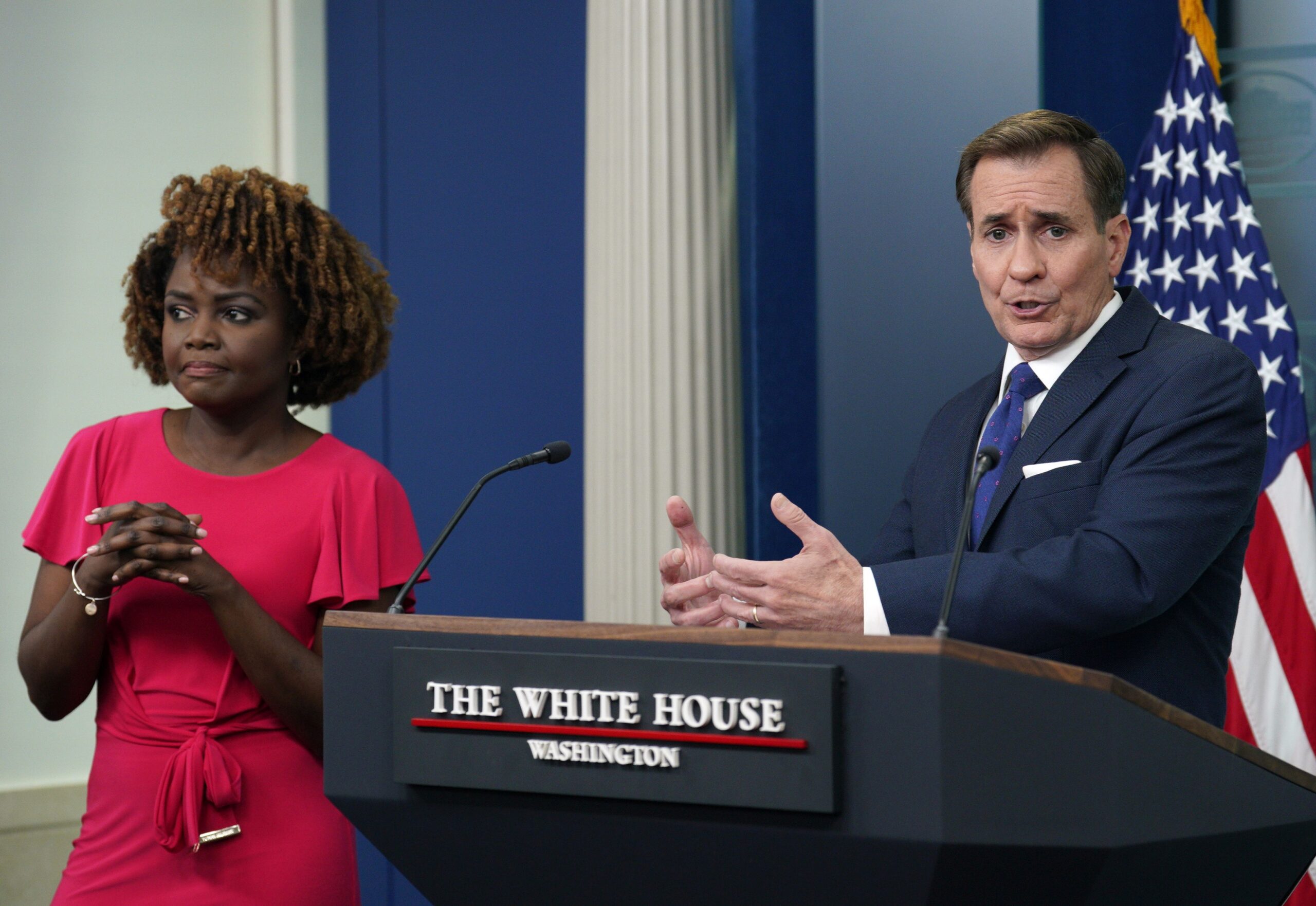 epa11259278 White House national security communications (NSC) adviser John Kirby (R) speaks during a press briefing with Press Secretary Karine Jean-Pierre (L) at the White House in Washington, DC, USA, 04 April 2024, after US President Biden spoke with Israeli Prime Minister Netanyahu on the latest developments in Israel and Gaza.  EPA/Yuri Gripas/ABACA / POOL