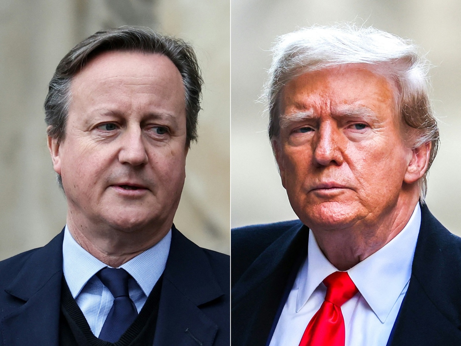 (COMBO) This combination of pictures created on April 08, 2024 shows Britain's Foreign Secretary David Cameron in London, on March 11, 2024 and former US President Donald Trump in New York City on March 25, 2024.
 UK Foreign Secretary David Cameron was scheduled to meet April 8 with White House hopeful Donald Trump, British officials said, ahead of talks with senior members of President Joe Biden's administration on the wars in Gaza and Ukraine.
Cameron was due to sit down with the former US president and Republican challenger to Biden in November's closely watched election one month after the two Americans became their parties' presumptive White House nominees.,Image: 863450588, License: Rights-managed, Restrictions: , Model Release: no, Credit line: Charly TRIBALLEAU / AFP / Profimedia