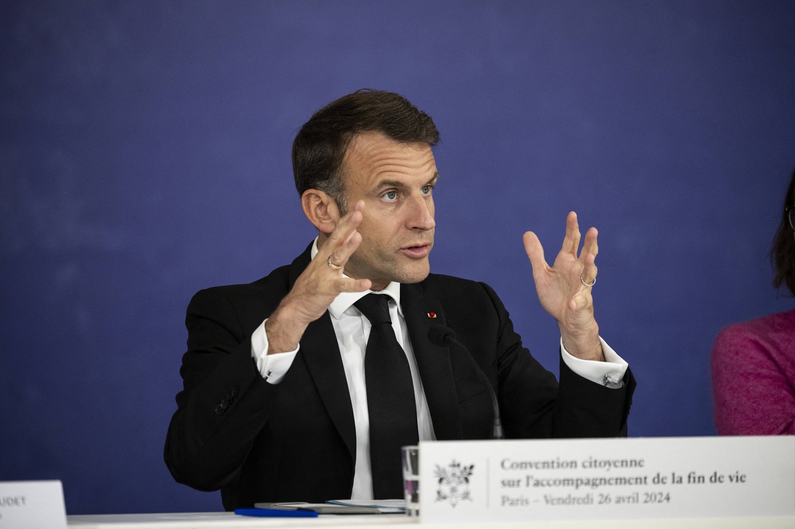 France's President Emmanuel Macron gestures during the final seminar of the End-of-Life Convention at the Economic, Social and Environmental Council (CESE) in Paris on April 26, 2024.© Eliot Blondet/Pool/Bestimage,Image: 868317161, License: Rights-managed, Restrictions: , Model Release: no, Credit line: Eliot Blondet / Pool / Bestimage / Profimedia