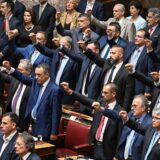 Members of Greek nationalist party Spartiates and Greek far-right party Niki (Victory) attend a swear in ceremony of the parliament in Athens on July 3, 2023, following the general elections.  Greek parliament convened for its first session after the June 25 on July 3, 2023.,Image: 786901617, License: Rights-managed, Restrictions: , Model Release: no, Credit line: Aris MESSINIS / AFP / Profimedia