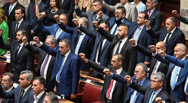 Members of Greek nationalist party Spartiates and Greek far-right party Niki (Victory) attend a swear in ceremony of the parliament in Athens on July 3, 2023, following the general elections.  Greek parliament convened for its first session after the June 25 on July 3, 2023.,Image: 786901617, License: Rights-managed, Restrictions: , Model Release: no, Credit line: Aris MESSINIS / AFP / Profimedia