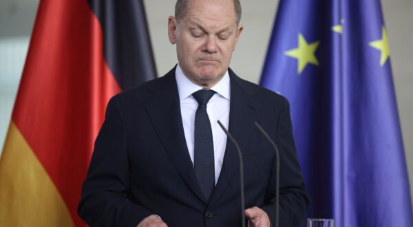 epa11274631 German Chancellor Olaf Scholz looks on during a press conference with Georgia's Prime Minister Irakli Kobakhidze, at the Chancellery in Berlin, Germany, 12 April 2024. German Chancellor Olaf Scholz and Georgia's Prime Minister Irakli Kobakhidze  met for bilateral talks.  EPA/CLEMENS BILAN