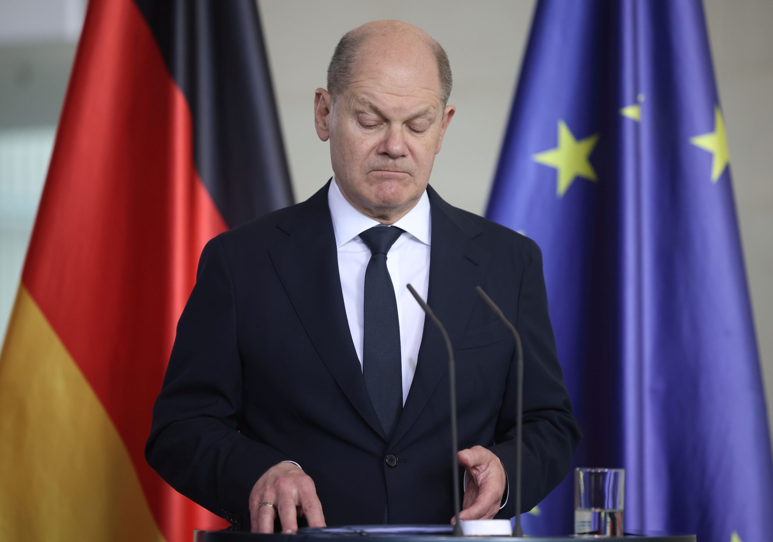 epa11274631 German Chancellor Olaf Scholz looks on during a press conference with Georgia's Prime Minister Irakli Kobakhidze, at the Chancellery in Berlin, Germany, 12 April 2024. German Chancellor Olaf Scholz and Georgia's Prime Minister Irakli Kobakhidze  met for bilateral talks.  EPA/CLEMENS BILAN