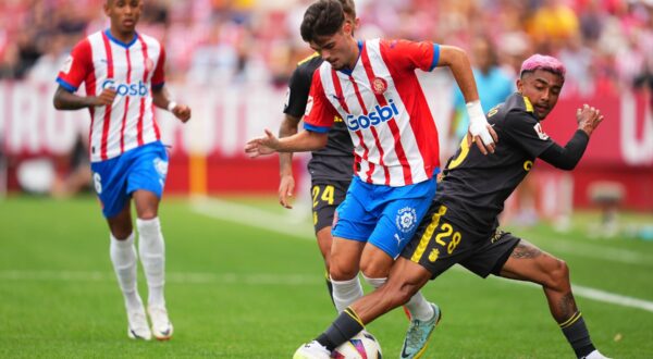 ESP: Girona FC-UD Las Palmas. La Liga EA Sports. Date 4 Miguel Gutierrez of Girona FC and Julian Araujo of UD Las Palmas during the La Liga EA Sports match between Girona FC and UD Las Palmas played at Montilivi Stadium on September 3, 2023 in Girona, Spain. kpng Copyright: xAlexxCarrerasx/xPRESSINPHOTOx PS_230903_707,Image: 847736070, License: Rights-managed, Restrictions: Credit images as "Profimedia/ IMAGO", Model Release: no, Credit line: Alex Carreras / PRESSINPHOTO / imago sportfotodienst / Profimedia