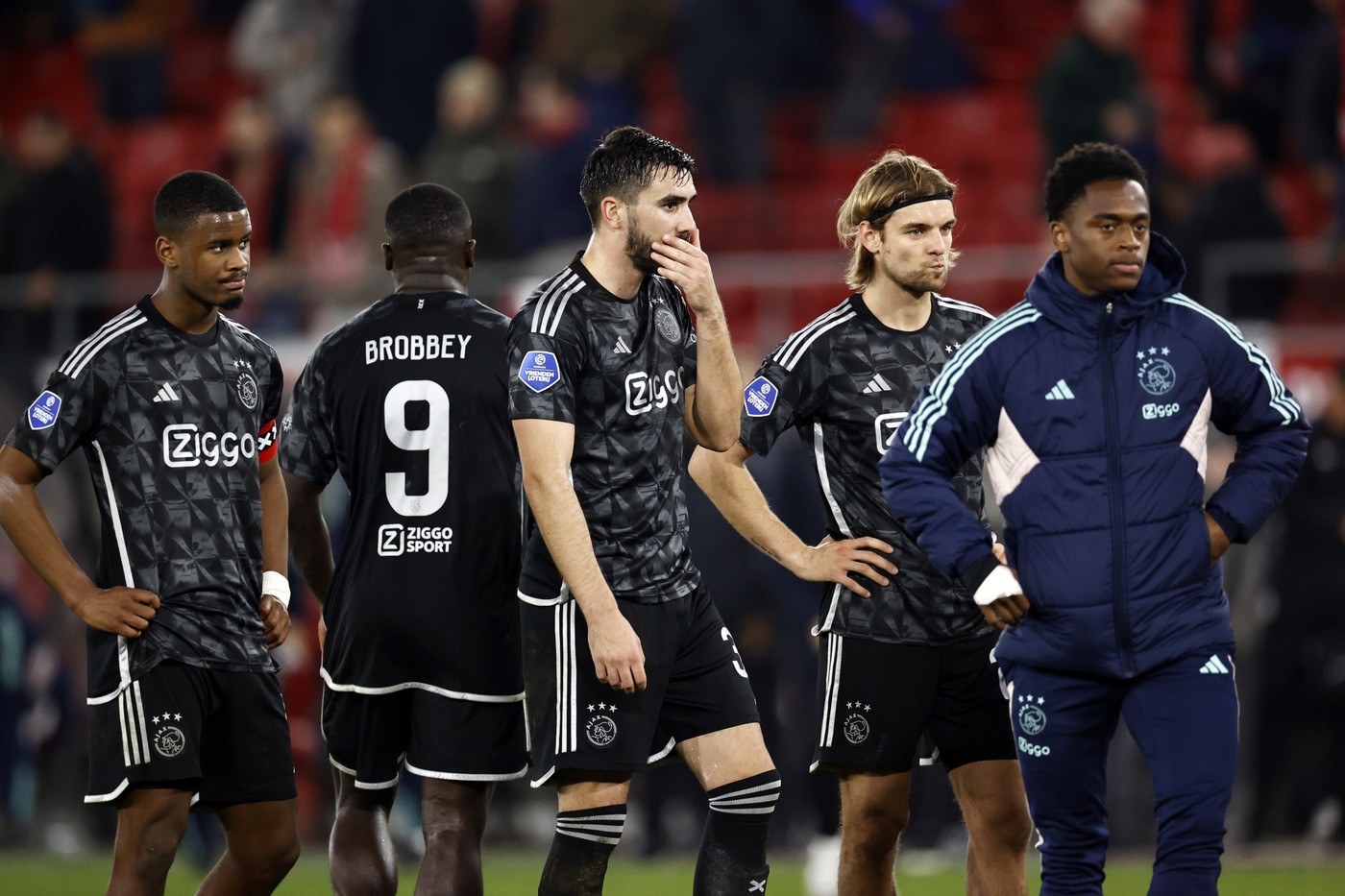 2/25/2024 - ALKMAAR - (l-r) Jorrel Hato of Ajax, Brian Brobbey of Ajax, Josip Sutalo of Ajax, Borna Sosa of Ajax disappointment after the Dutch Eredivisie match between AZ Alkmaar and Ajax Amsterdam at the AFAS stadium on February 25, 2024 in Alkmaar, Netherlands . ANP MAURICE VAN STEEN /ANP/Sipa USA,Image: 850684805, License: Rights-managed, Restrictions: *** World Rights Except Belgium, France, Germany, The Netherlands, and the UK ***  BELOUT DEUOUT FRAOUT GBROUT NLDOUT, Model Release: no, Credit line: ANP / ddp USA / Profimedia