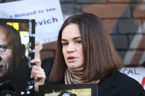 Exiled Belarusian opposition leader Svetlana Tikhanovskaya speaks with journalists during a protest in front of the Belarusian Embassy in Vilnius, Lithuania, on March 8, 2024.,Image: 854930025, License: Rights-managed, Restrictions: , Model Release: no, Credit line: PETRAS MALUKAS / AFP / Profimedia