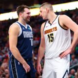 Mar 17, 2024; Dallas, Texas, USA;  Dallas Mavericks guard Luka Doncic (77) speaks with Denver Nuggets center Nikola Jokic (15) during the second half at American Airlines Center.,Image: 857649449, License: Rights-managed, Restrictions: , Model Release: no, Credit line: USA TODAY Sports / ddp USA / Profimedia