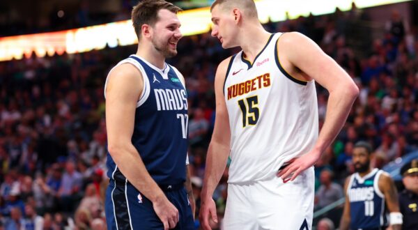 Mar 17, 2024; Dallas, Texas, USA;  Dallas Mavericks guard Luka Doncic (77) speaks with Denver Nuggets center Nikola Jokic (15) during the second half at American Airlines Center.,Image: 857649449, License: Rights-managed, Restrictions: , Model Release: no, Credit line: USA TODAY Sports / ddp USA / Profimedia