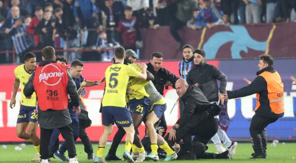 March 17, 2024, Trabzon, Turkey: After the game between Trabzonspor and FenerbahÃ§e in the Turkish Super League, Trabzonspor fans entered the field and attacked FenerbahÃ§e players in Trabzon, Turkey on 17 March 2024. End of the game, FenerbahÃ§e players remained on the field to celebrate their 3-2 victory, which angered fans of the home team. Trabzonspor supporters rushed onto the field and attacked Fenerbahce players.,Image: 857655667, License: Rights-managed, Restrictions: * Turkey Rights Out *, Model Release: no, Credit line: Depo Photos / Zuma Press / Profimedia