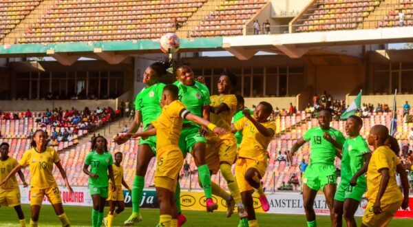 ABUJA, NIGRRIA - APRIL 5: Ohale Osinachi Marvis, Kanu Uchenna Grace of Nigeria and Jane Refiloe, Dhlamini Karabo, Matlou Noko of South Africa during the CAF Women s Olympic Qualifiers March between Super Falcons of Nigeria and Bayana Bayana of South Africa at MKO Abiola Stadium on April 5, 2024 in Abuja, Nigeria. Photo by Mohammed Chanjo Copyright: xx,Image: 862727015, License: Rights-managed, Restrictions: Credit images as "Profimedia/ IMAGO", Model Release: no, Credit line: IMAGO / imago sportfotodienst / Profimedia