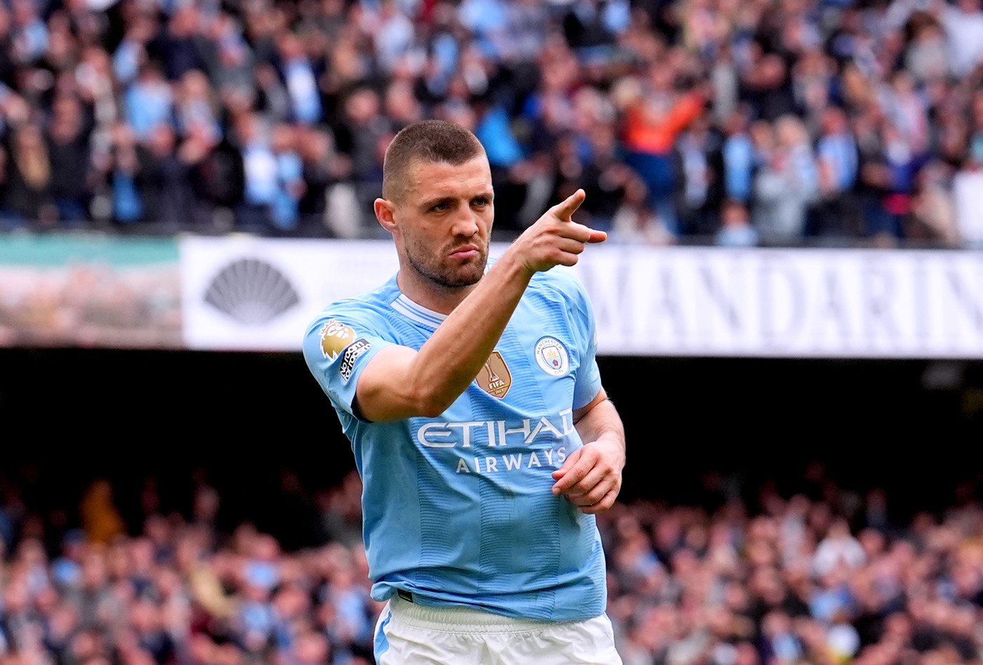 Manchester City's Mateo Kovacic celebrates scoring their side's second goal of the game during the Premier League match at the Etihad Stadium, Manchester. Picture date: Saturday April 13, 2024.,Image: 864511572, License: Rights-managed, Restrictions: EDITORIAL USE ONLY No use with unauthorised audio, video, data, fixture lists, club/league logos or "live" services. Online in-match use limited to 120 images, no video emulation. No use in betting, games or single club/league/player publications., Model Release: no, Credit line: Martin Rickett / PA Images / Profimedia