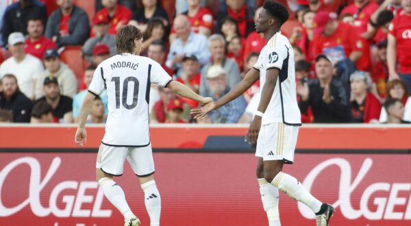 Real Madrid's French midfielder #18 Aurelien Tchouameni (R) celebrates scoring his team's first goal with Real Madrid's Croatian midfielder #10 Luka Modric during the Spanish league football match between RCD Mallorca and Real Madrid CF at the Mallorca Son Moix stadium in Palma de Mallorca on April 13, 2024.,Image: 864539894, License: Rights-managed, Restrictions: , Model Release: no, Credit line: JAIME REINA / AFP / Profimedia