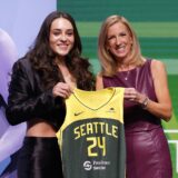 NEW YORK, NEW YORK - APRIL 15: Nika Muhl poses with WNBA Commissioner Cathy Engelbert after being selected 14th overall pick by the Seattle Storm during the 2024 WNBA Draft at Brooklyn Academy of Music on April 15, 2024 in New York City.   Sarah Stier,Image: 865163969, License: Rights-managed, Restrictions: , Model Release: no, Credit line: Sarah Stier / Getty images / Profimedia