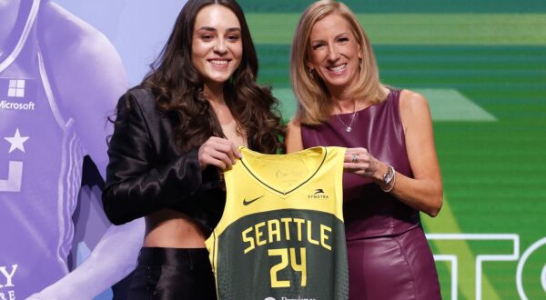 NEW YORK, NEW YORK - APRIL 15: Nika Muhl poses with WNBA Commissioner Cathy Engelbert after being selected 14th overall pick by the Seattle Storm during the 2024 WNBA Draft at Brooklyn Academy of Music on April 15, 2024 in New York City.   Sarah Stier,Image: 865163969, License: Rights-managed, Restrictions: , Model Release: no, Credit line: Sarah Stier / Getty images / Profimedia