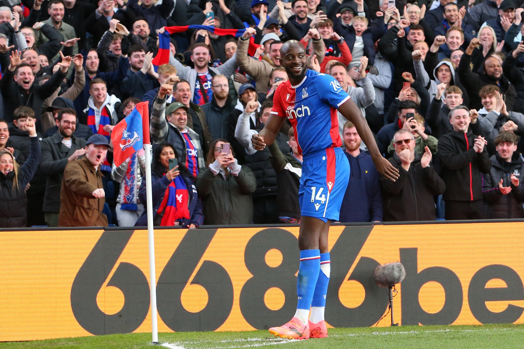 21st April 2024; Selhurst Park, Selhurst, London, England;  Premier League Football, Crystal Palace versus West Ham United; Jean-Philippe Mateta of Crystal Palace celebrates his goal in the 64th minute for 5-1.,Image: 866732548, License: Rights-managed, Restrictions: , Model Release: no, Credit line: Katie Chan / Actionplus / Profimedia