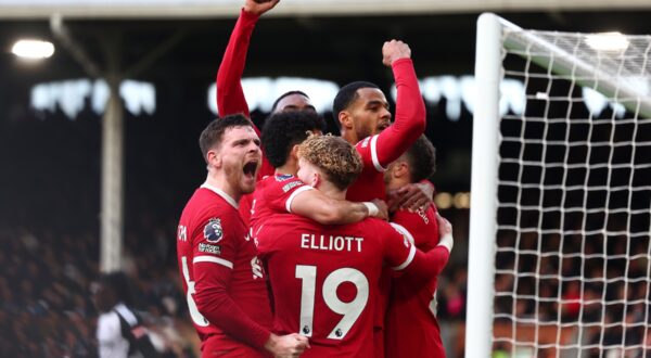 21st April 2024; Craven Cottage, Fulham, London, England; Premier League Football, Fulham versus Liverpool; Diogo Jota of Liverpool celebrates with team mates after he scored for 1-3 in the 72nd minute,Image: 866747827, License: Rights-managed, Restrictions: , Model Release: no, Credit line: Shaun Brooks / Actionplus / Profimedia