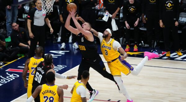 Apr 22, 2024; Denver, Colorado, USA; Los Angeles Lakers forward Anthony Davis (3) fouls Denver Nuggets center Nikola Jokic (15)) in the fourth quarter during game two during the 2024 NBA playoffs at Ball Arena.,Image: 867172553, License: Rights-managed, Restrictions: , Model Release: no, Credit line: USA TODAY Sports / ddp USA / Profimedia
