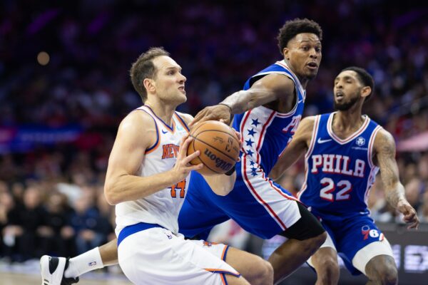 Apr 25, 2024; Philadelphia, Pennsylvania, USA; New York Knicks forward Bojan Bogdanovic (44) drives against Philadelphia 76ers guard Kyle Lowry (7) during the second quarter of game three of the first round for the 2024 NBA playoffs at Wells Fargo Center.,Image: 867989929, License: Rights-managed, Restrictions: , Model Release: no, Credit line: USA TODAY Sports / ddp USA / Profimedia