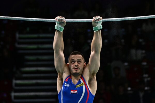 Croatia's Tin Srbic competes in the Horizontal Bar during the Men's Individual Apparatus Finals event at the Artistic Gymnastics European Championships, in Rimini, on the Adriatic coast, northeastern Italy, on April 27, 2024.,Image: 868425961, License: Rights-managed, Restrictions: , Model Release: no, Credit line: GABRIEL BOUYS / AFP / Profimedia