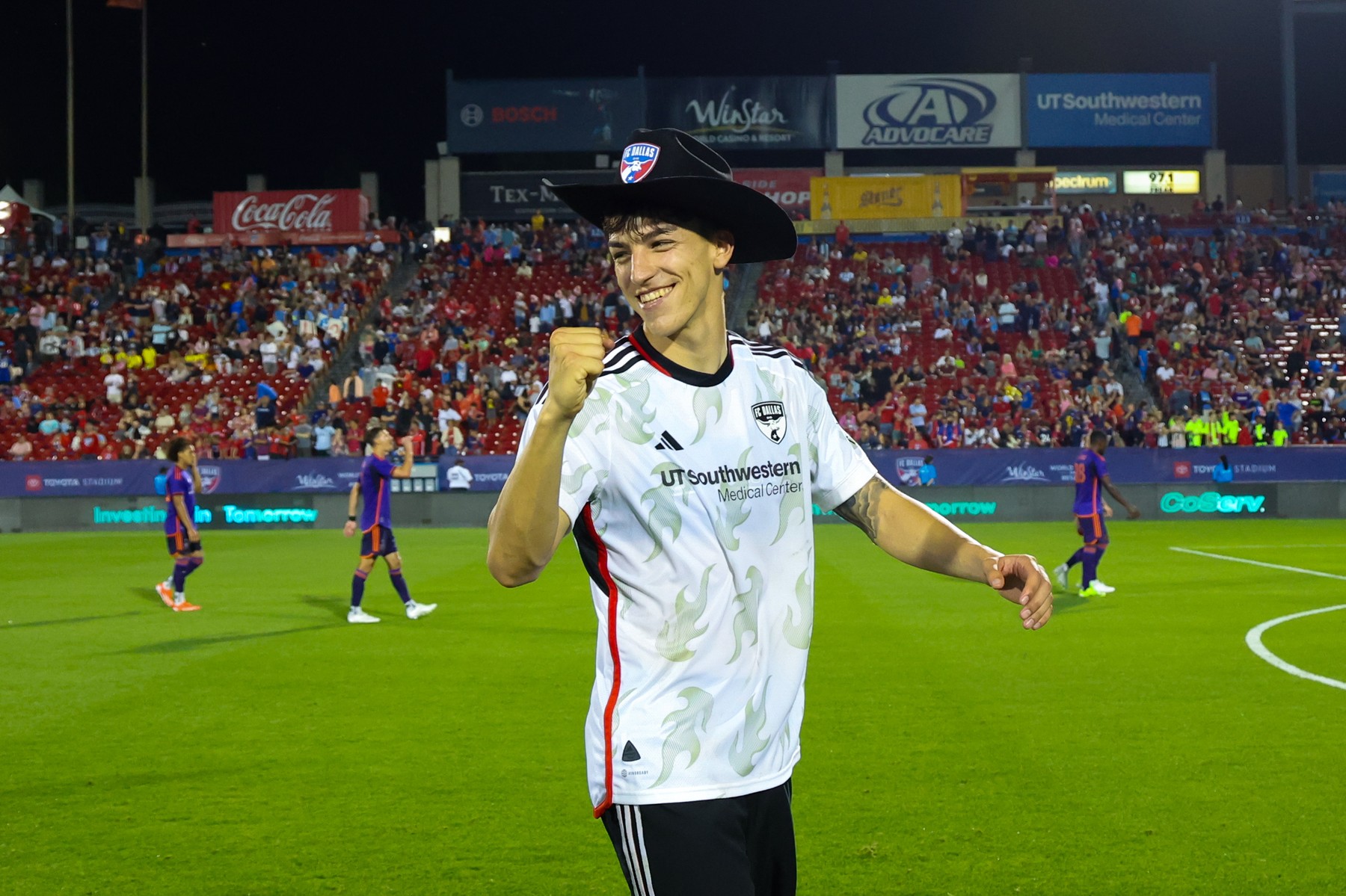 Apr 27, 2024; Frisco, Texas, USA;  FC Dallas forward Petar Musa (9) wears a cowboy hat after the match against the Houston Dynamo FC at Toyota Stadium.,Image: 868520657, License: Rights-managed, Restrictions: *** World Rights ***, Model Release: no, Credit line: USA TODAY Network / ddp USA / Profimedia