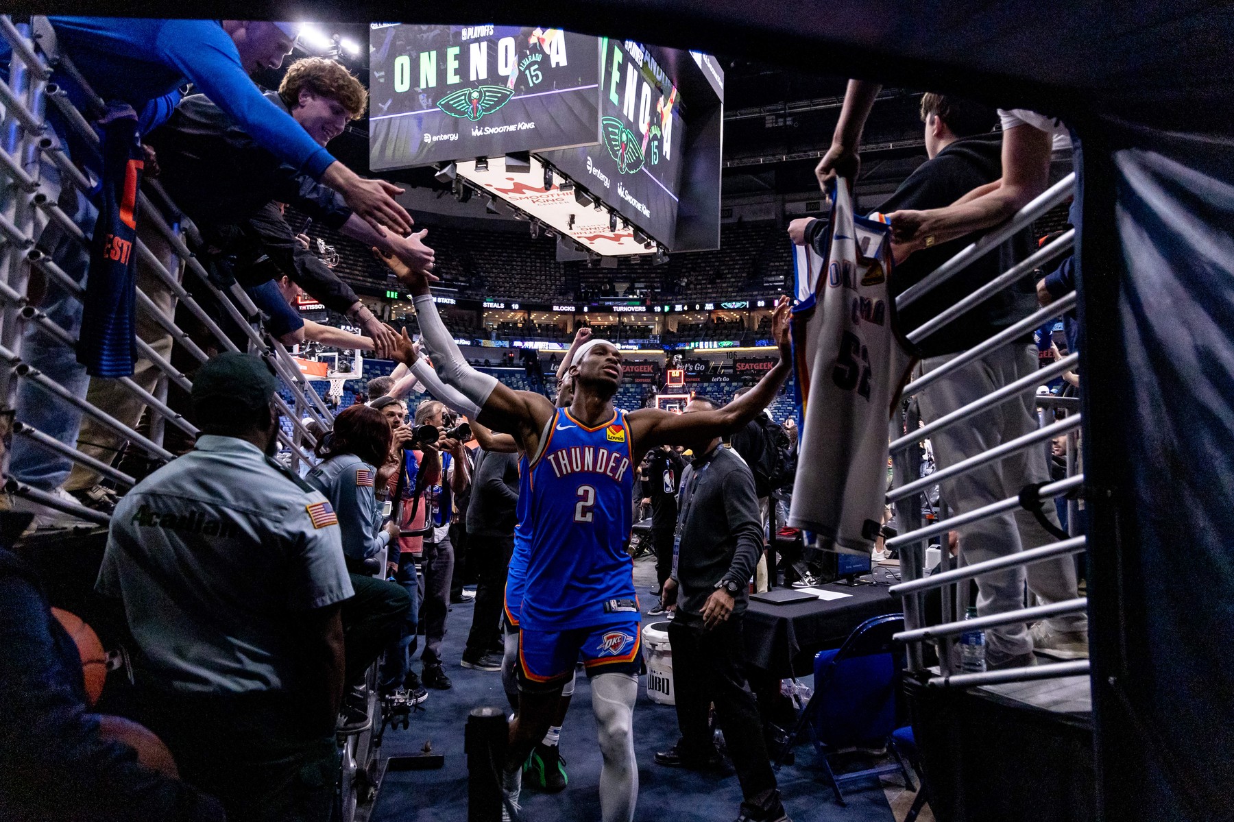 Apr 29, 2024; New Orleans, Louisiana, USA; Oklahoma City Thunder guard Shai Gilgeous-Alexander (2) goes off the court after defeating the New Orleans Pelicans after game four of the first round for the 2024 NBA playoffs at Smoothie King Center.,Image: 869042742, License: Rights-managed, Restrictions: , Model Release: no, Credit line: USA TODAY Sports / ddp USA / Profimedia
